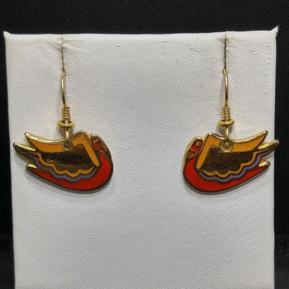 Laurel Burch "Wild Swan" Bird Earrings, Gold Plated, Enamel Cloisonne, 1980s - Picture 8 of 10